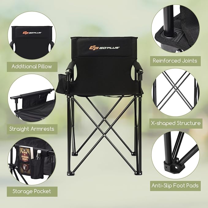 Goplus Folding Camping Chair, Outdoor Portable Beach Chair Heightened Design w/Detachable Armrests, Storage Pouches & Carrying Bag for Fishing, Picnic, Lawn (Black, 250LBS Weight Capacity)