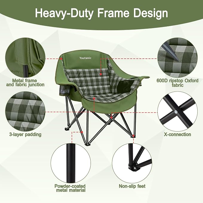 Youtanic Oversized Extra Large Padded Camping Chair, Heavy Duty 400 lbs Foldable Lawn Chair, Ergonomic Outdoor Seat with Plaid Design, Cup Holders & Storage Pockets for Fishing, Sports, Green