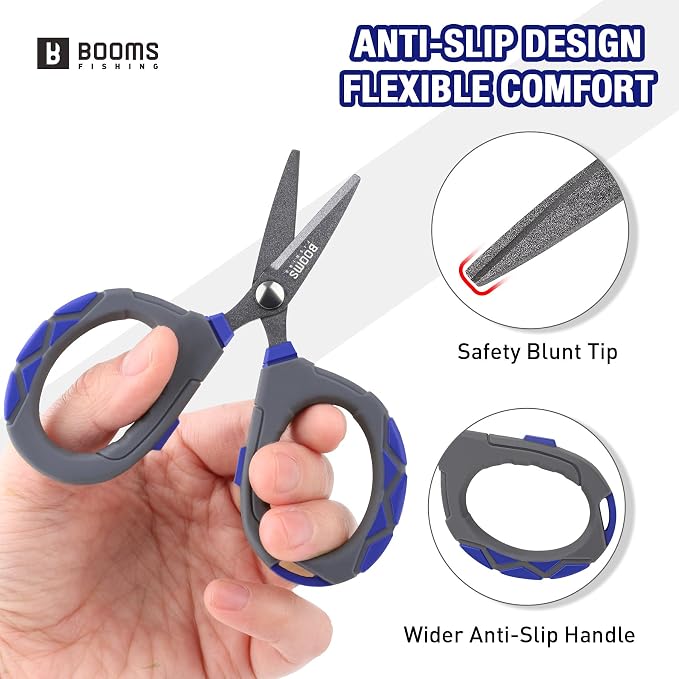 Booms Fishing Braided Line Scissors: Micro-Serrated Stainless Steel Blades Line Cutter - XW01 4.1" Fishing Serrated Shears with Zinger Retractor