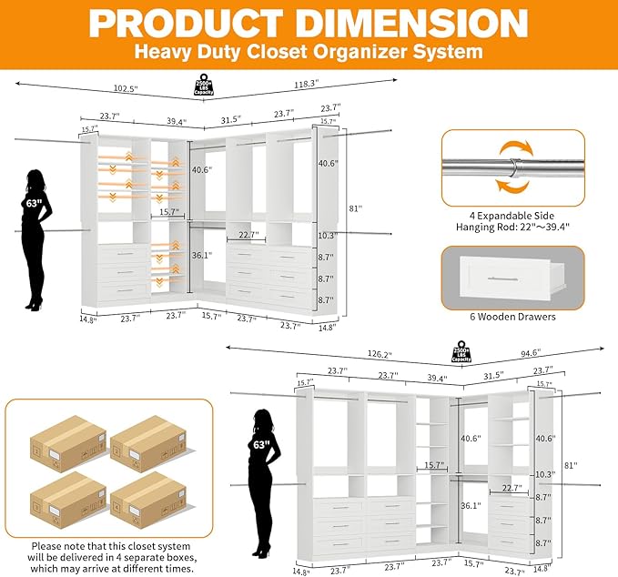 Closet System with 4 Sets, 8.5FT-21.5FT Corner Closet Organizer System with 9 Drawers & 12 Shelves & 8 Hanging Rods, L-Shaped Modular Closet System adjustable for Freestanding or Walk-in Closet, White