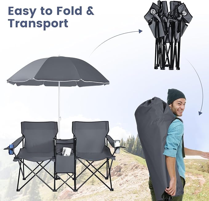 Tangkula Double Camping Chairs with Umbrella, Portable 2 Seat Folding Camp Chair with Cooler Bag, Beverage Holder, Carrying Bag, Foldable Lawn Chair for Outside, Fishing, Picnic, Beach