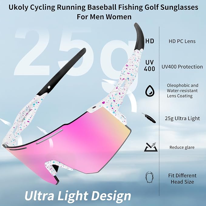 Ukoly Cycling Sunglasses for Men Women with 3 Interchangeable Lenses, Polarized Sports Sunglasses, Baseball Sunglasses