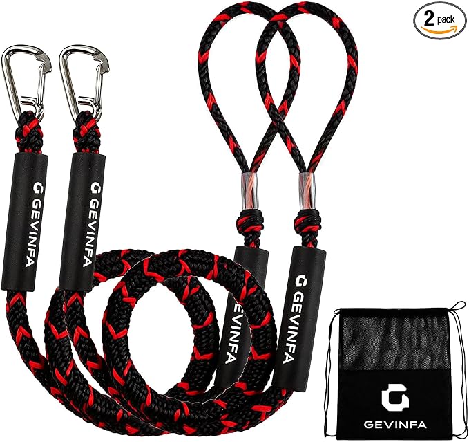 Bungee Dock Lines for Boats 4.3 Ft Stretch to 5.6 Ft, 2 Pack Marine Grade Bungee Cords with 316 SS Clips and EVA Floating Sleeve for Jet Ski Kayak Pontoon Boat Accessories (Black+Red)