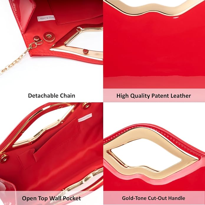DETARA Patent Leather Evening Clutch Purse for Women Lip Metal Grip Handle Handbag for Cocktail Party Prom