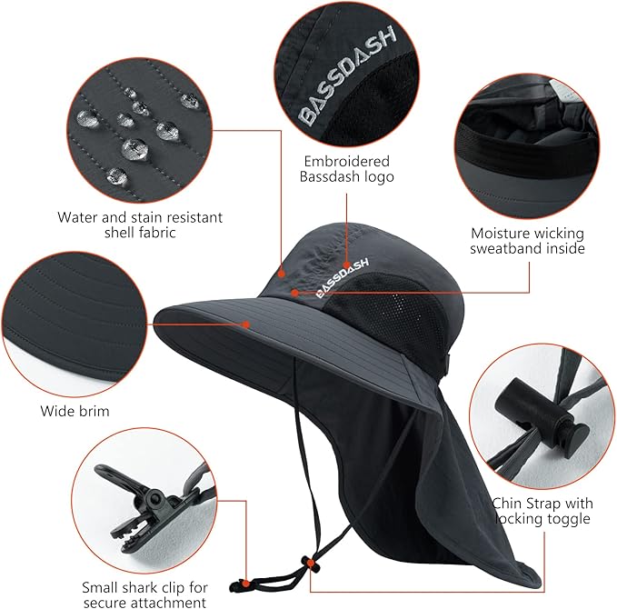 BASSDASH UPF 50+ Unisex Water Resistant Wide Brim Sun Hat with Large Neck Flap Ponytail Fishing Hat for Men Women