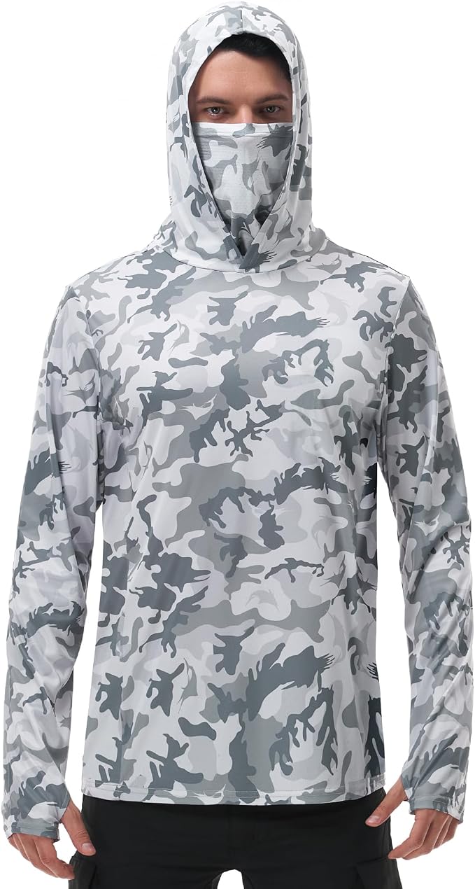 FISHEAL Men's Performance Fishing Hoodie Shirt - UPF 50+ Sun Protection Long Sleeve Thumbholes Shirts with Neck Gaiter