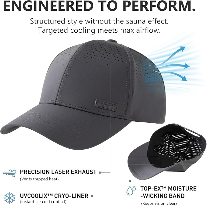 TOP-EX Performance Baseball Cap Water-Resistant Beathable Golf Running Cap Laser Cut Mesh Ball Curved Brim Snapback Hat