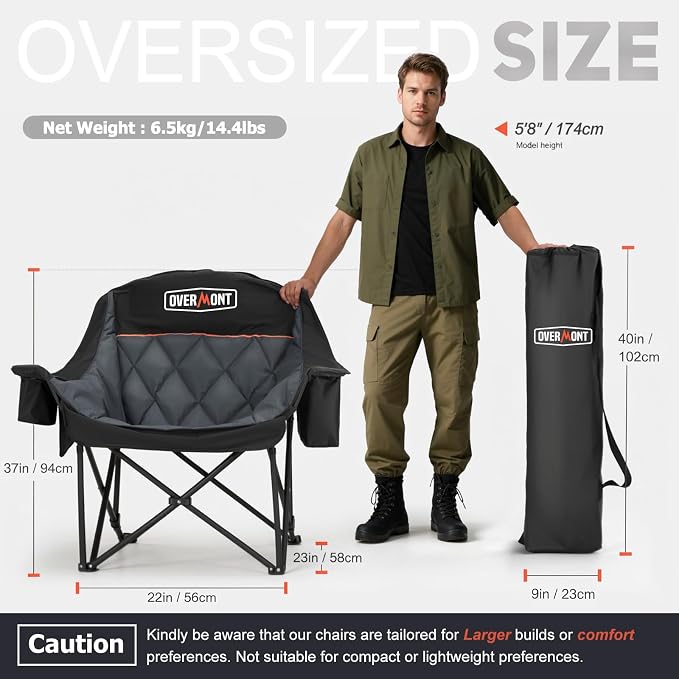 Overmont Oversized XL Camping Chair for Adults - 500lbs Support Heavy-Duty Padded Folding Chair with Side Pocket Cup Holder Cooling Bag for Outdoor Sports Garden Beach Fishing Lawn Black