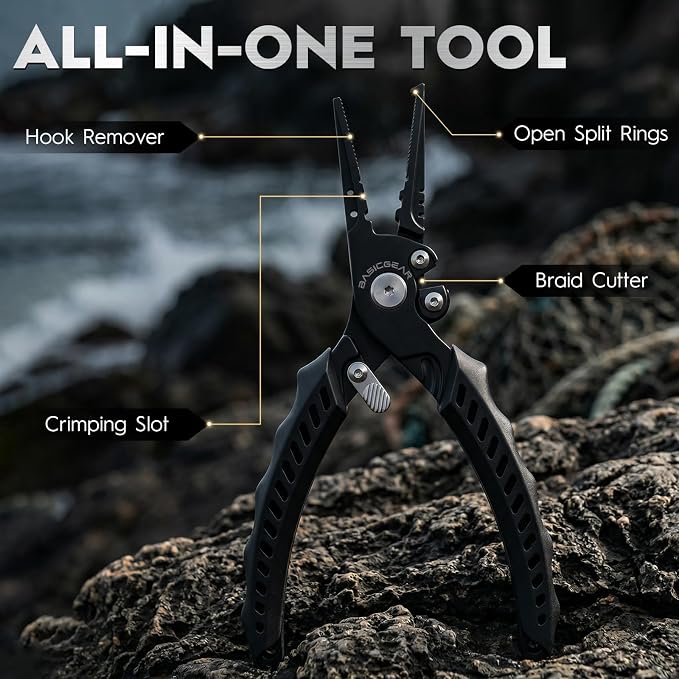 BasicGear Fishing Pliers, 17-4 PH Stainless Steel Saltwater Pliers, Braid Cutter, Split Ring Tool, Corrosion Resistant, One-Hand Operation (6.3" Compact (Light Fishing) - Orange)