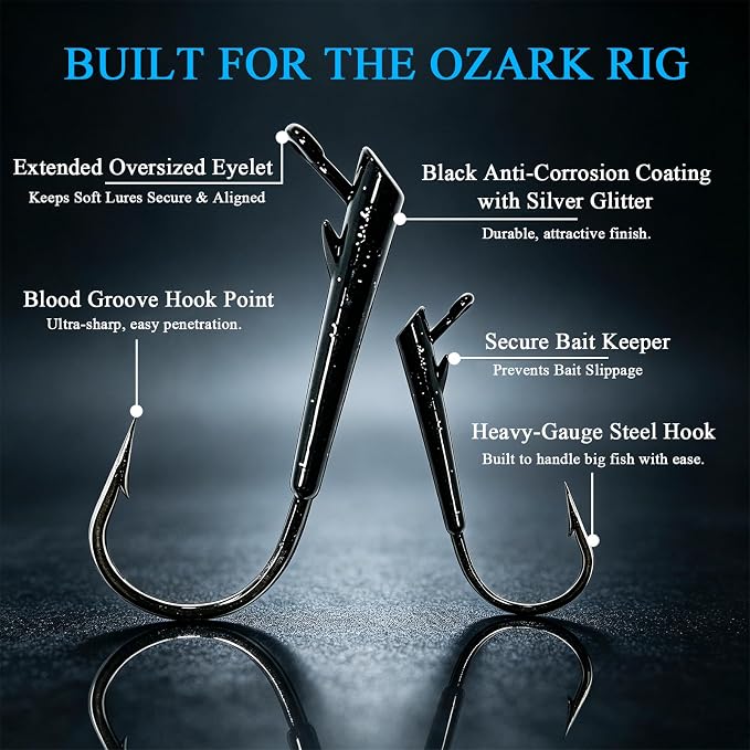 15-Pack Ozark Rig Weedless Jig Heads, 3/0 5/0 Texas Rig Hooks, Saltwater & Freshwater Fishing Hooks, 1/8oz, 1/4oz, 3/8oz Options