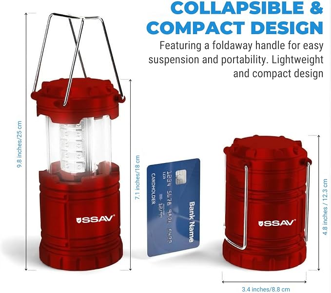 SSAV LED Camping Lantern, Emergency Lanterns for Power Outages & Hurricane Preparedness, Collapsible Portable Survival Lights for Camping, Storms & Emergencies, Batteries Included (2, Red)