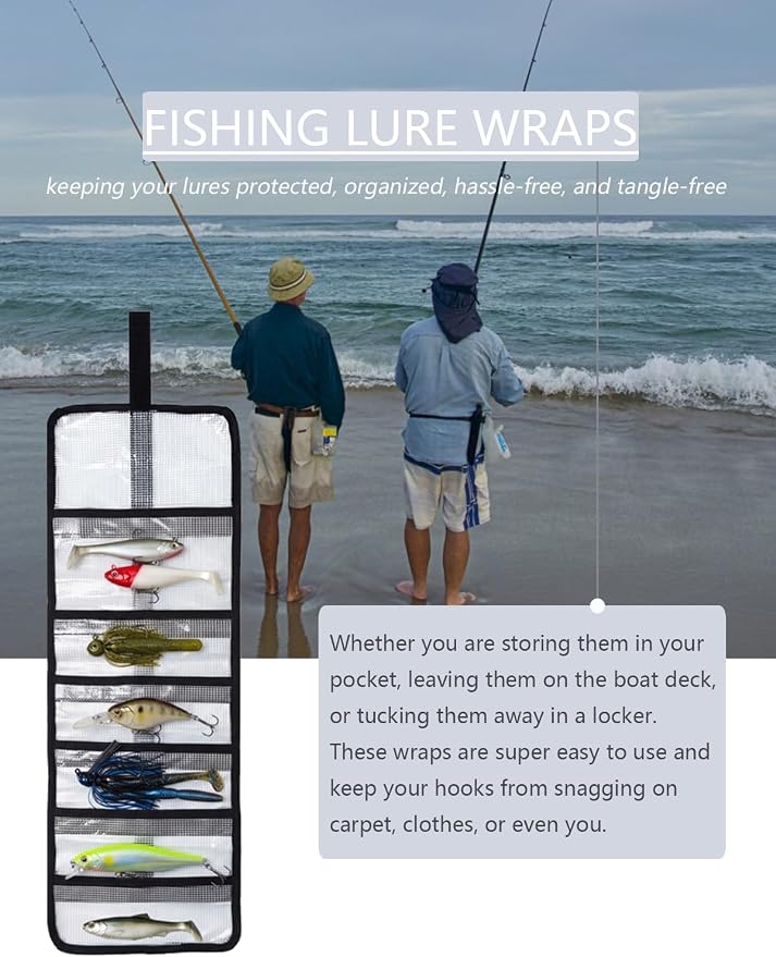 25"x9" Fishing Lure Wraps with 6 Pockets, Foldable Saltwater Trolling Lure Storage Bag, Clear PVC Protective Hook Covers Organizer for Swimbaits, Jigs and Offshore Fishing Gear(2 Pcs)