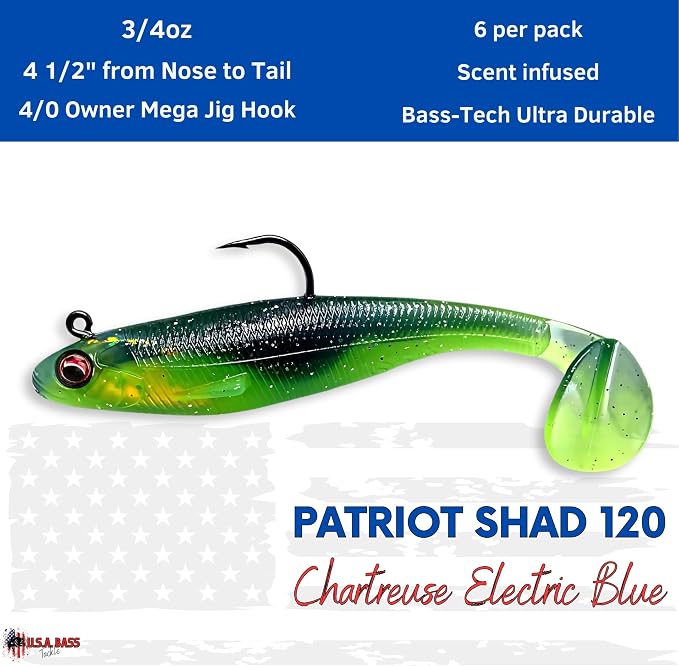 USA Bass Tackle Patriot Shad - Scent Infused Paddle Tail Swimbaits Pre Rigged Fishing Lures Premium Bait Strong Owner Hook, Fishing Gear for Bass Freshwater Predator Fish