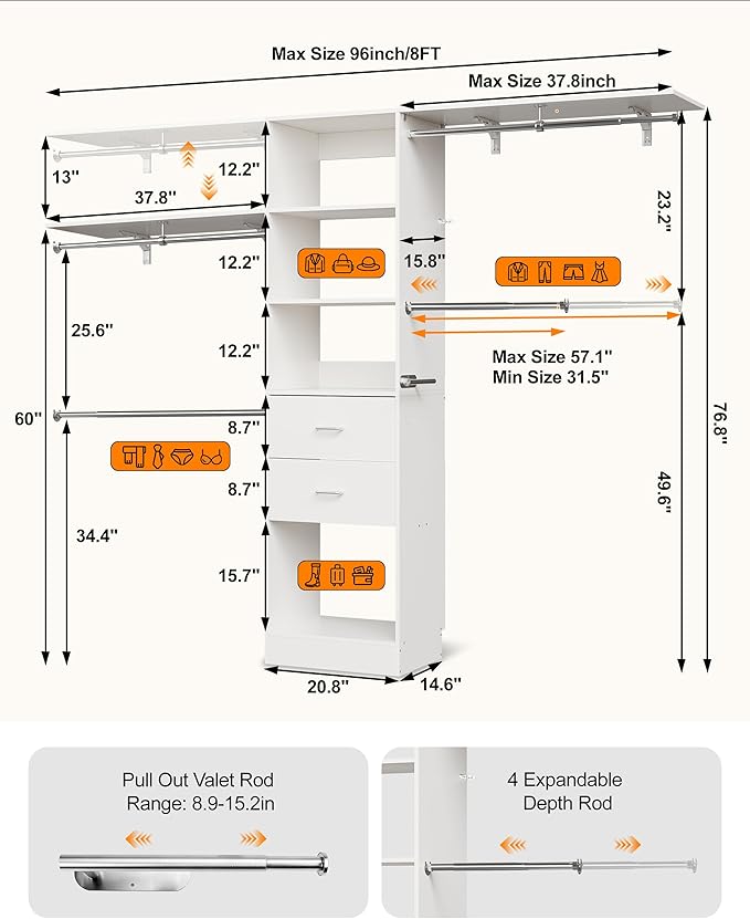5-8FT Walk-in Closet Organizer System with 2 Wood Drawers, 4 Adjustable Hanging Rods, Wardrobe Storage Organizer with Valet Rod Duty Freestanding Garment Rack for Bedroom, Laundry, White