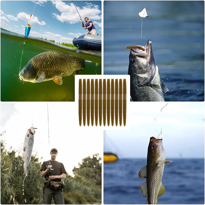 Senko Bait Soft Plastic Lures 5" Senkos 24 Pcs/100pcs for Wacky Rig Freshwater Fishing Green Pumpkin senko with Black Flake Pink Watermelon Double Color