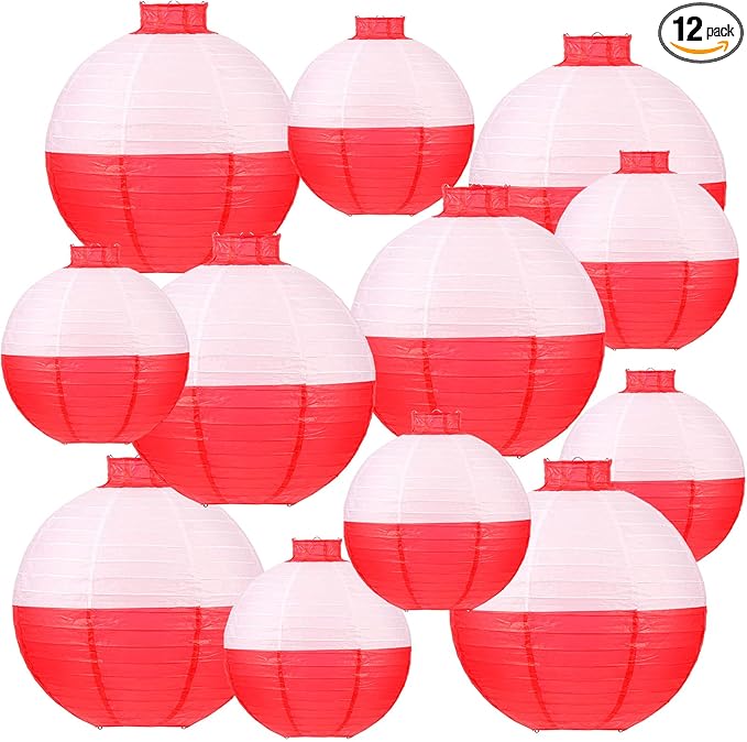 Set of 12 Fishing Bobber Round Paper Hanging Lanterns Fishing Birthday Decorations Hanging Paper Lanterns for Fishermen Theme Party Decoration Supplies, 12 Inches, 8 Inches (Red and White)