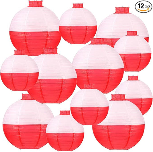 Set of 12 Fishing Bobber Round Paper Hanging Lanterns Fishing Birthday Decorations Hanging Paper Lanterns for Fishermen Theme Party Decoration Supplies, 12 Inches, 8 Inches (Red and White)