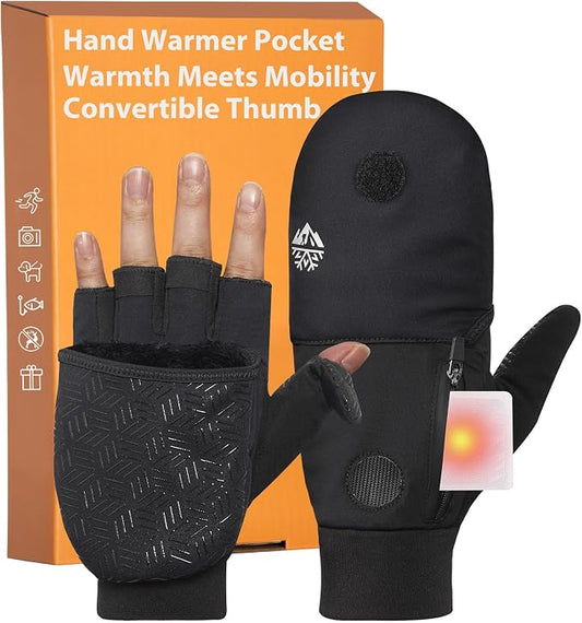 RIGWARL Winter Fingerless Gloves for Men Women, Convertible Mittens with Hand Warmer Pocket, Running Mittens for Photograph