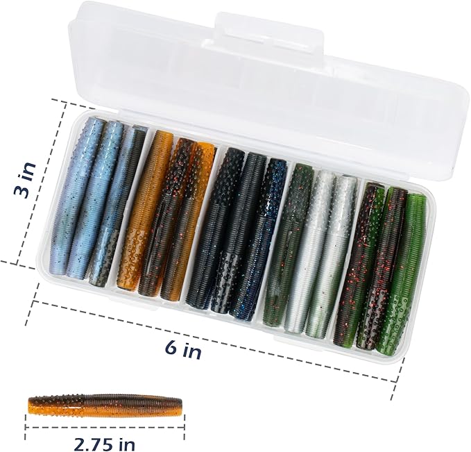 Soft Plastic Worm Fishing Lures Kit, Finesse TRD Stick Worms and Ned Rig Baits with Jig Heads for Bass Fishing, Freshwater Bass Soft Baits