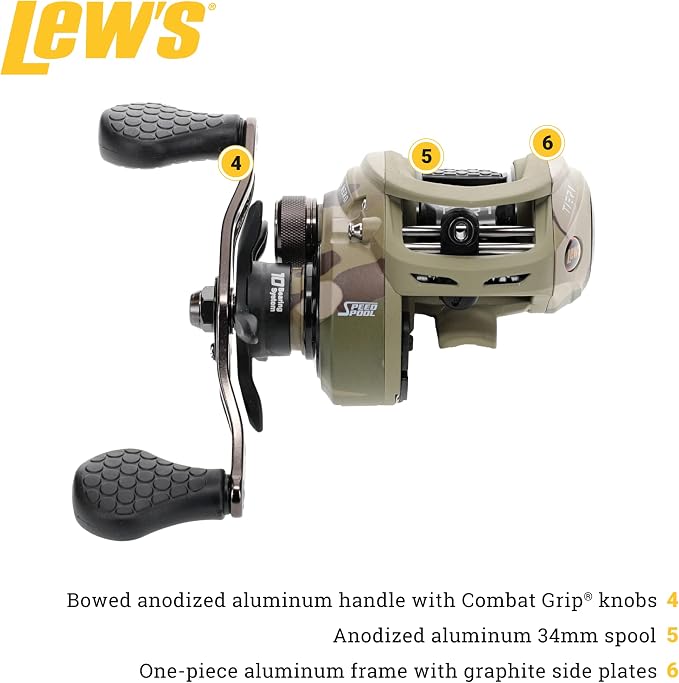 Lew's American Hero Tier 1 Baitcast Fishing Reel, 9+1 Stainless Steel Ball Bearings, 7.5:1 Gear Ratio, Multicam