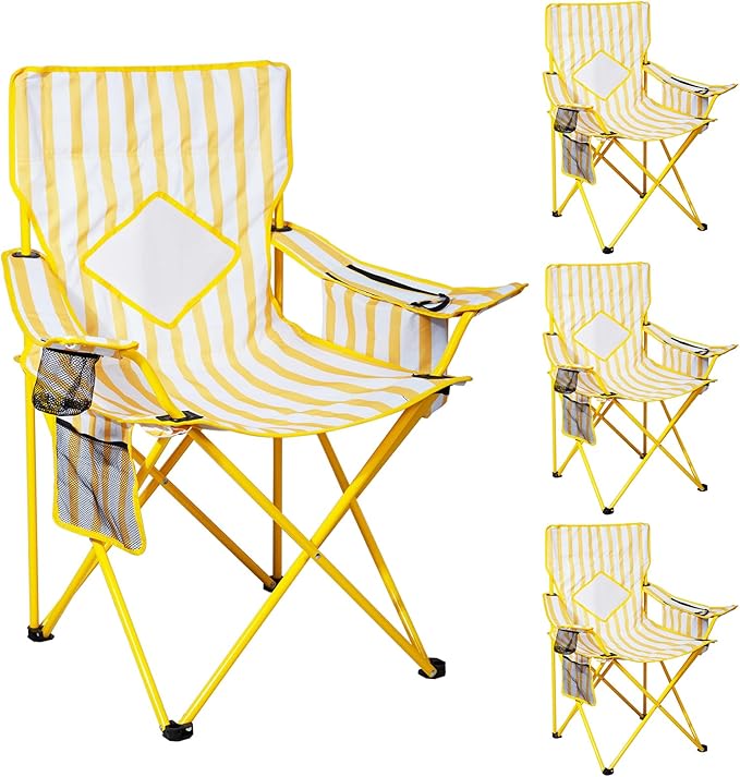 Nazhura 4 Pack Folding Camping Chair with Cooler Pouch, Mesh Backrest and Cup Holder Pocket (Yellow, 4 Pack)
