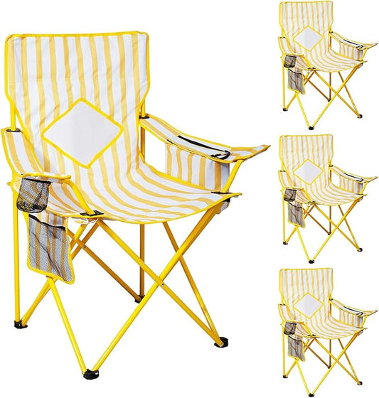 Nazhura 4 Pack Folding Camping Chair with Cooler Pouch, Mesh Backrest and Cup Holder Pocket (Yellow, 4 Pack)