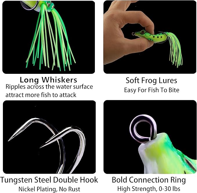 5PCS Topwater Frog Lures Set with Box, Realistic Soft Hollow Body Fishing Lures for Bass Snakehead Pike Bowfin, Weedless Freshwater Simulated Frog Baits