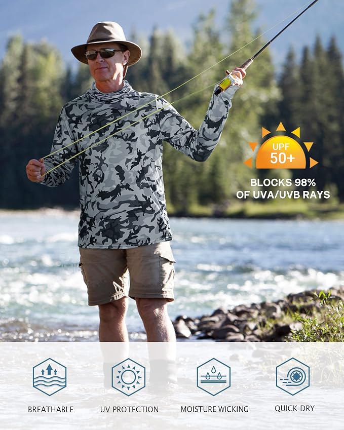 FISHEAL Men's Performance Fishing Hoodie Shirt - UPF 50+ Sun Protection Long Sleeve Thumbholes Shirts with Neck Gaiter