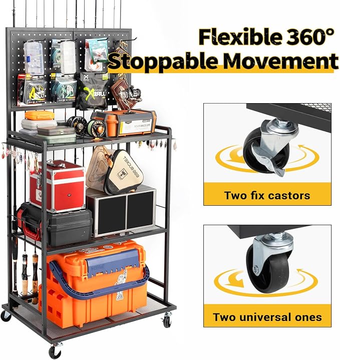 SOYEEZE Large Size Fishing Rod Holders for Garage, 3-Tier Fishing Pole Rack with Pegboard and Hooks, Fishing Gear Tackle Box Organizer Up to 12 Rods, Rolling Fishing Storage Cart with Lockable Wheels