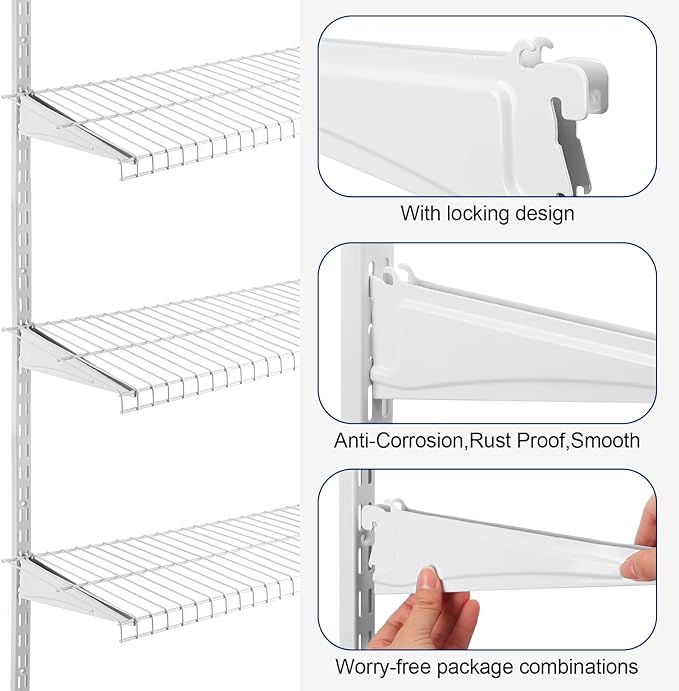 47.5 Inch Twin Rail Upright Wall Shelving System with 12 Inch Locking Shelf Bracket Adjustable Closet System Heavy Duty Metal Support for Deep Wire Shelving Closet (8 Pcs)