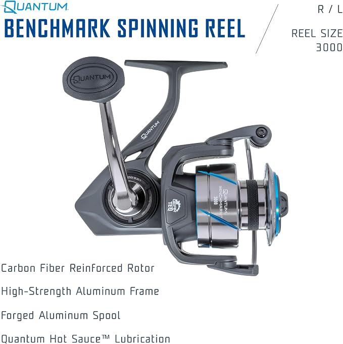 Quantum Benchmark Spinning Fishing Reel, 5+1 Bearings, Aluminum Frame, SEALOQ 6 Protection, GEARTEQ Machined Gears, CFX200 Carbon Fiber Drag, Silver/Blue