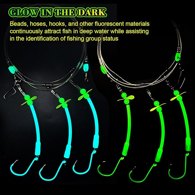 Pre-Rigged Deep Drop Saltwater Rigs – Glow Tubes, Hooks, Beads & Spinner Blade – 6/0 8/0 Circle Hooks for Snapper/Grouper/Tilefish (3/6 Hooks)