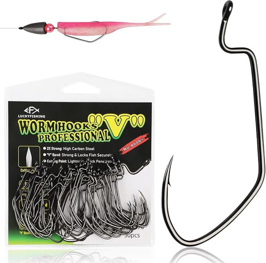LUCKYFISHING EWG Hooks Worm Hooks for Bass Fishing 50PCS Offset Texas Rig for Freshwater Saltwater Size 1 1/0 2/0 3/0 4/0 5/0