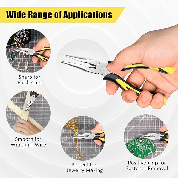 Premium Long Needle Nose Pliers-6’’, Paper Clamp Precision, High Carbon Steel, Soft Grip with Wire Cutter, Long Nose Cutting Pliers for Home, Fishing, Jewelry, Crafts,1pcs