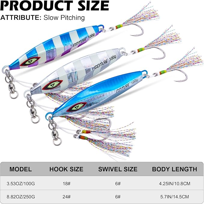 Goture Slow Pitch Jigs, Glow Flat Fall Jig Fishing Lure with Double Assist Hooks and Swivel, Fishing Jigs Saltwater 40g-250g Deep Sea Fishing Jigging Lures for Tuna,Dogtooth Tuna, Yellowtail,Kingfish