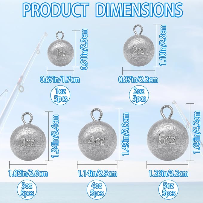 5 Pcs Fishing Round Sinker Cannonball Lead Weights Assortment Egg Drop Bass Weights Saltwater Freshwater Casting 1-5oz