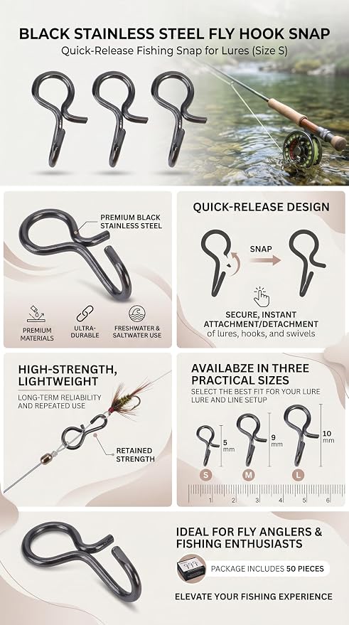 50pcs Fishing Clips, Black Stainless Steel Quick Release Small Fly Hook Lure Fishing Snaps for Lures Hooks and Terminal Tools (S)