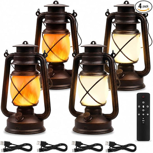 Rechargeable LED Lanterns 4 Pack, USB Charging Vintage Bronze Camping Lamps with Flickering Flame, Remote Control 4 Modes Hanging Lights for Patio Garden Porch Backyard Indoor Outdoor Halloween Decor