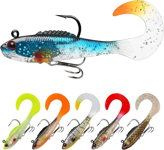 TRUSCEND Shadtale Easy Catch Soft Fishing Lures with BKK Hooks - Trembly Sinking and Vibrating Swim for More Bites, Pre-Rigged Swimbaits for Bass, Trout, Crappie, Walleye, Freshwater Saltwater Fishing
