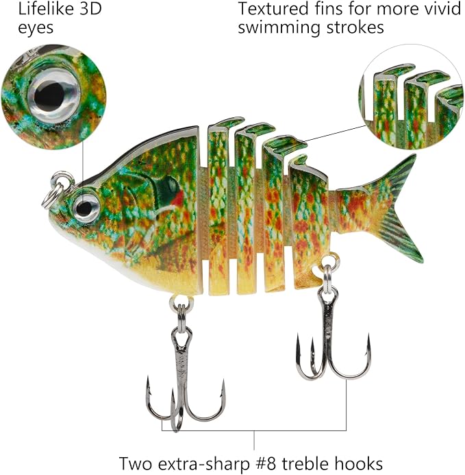 Bassdash SwimPanfish 0.34oz Hard Swimbaits Multi Jointed Topwater Trout Bass Fishing Crank Lure for Freshwater and Saltwater
