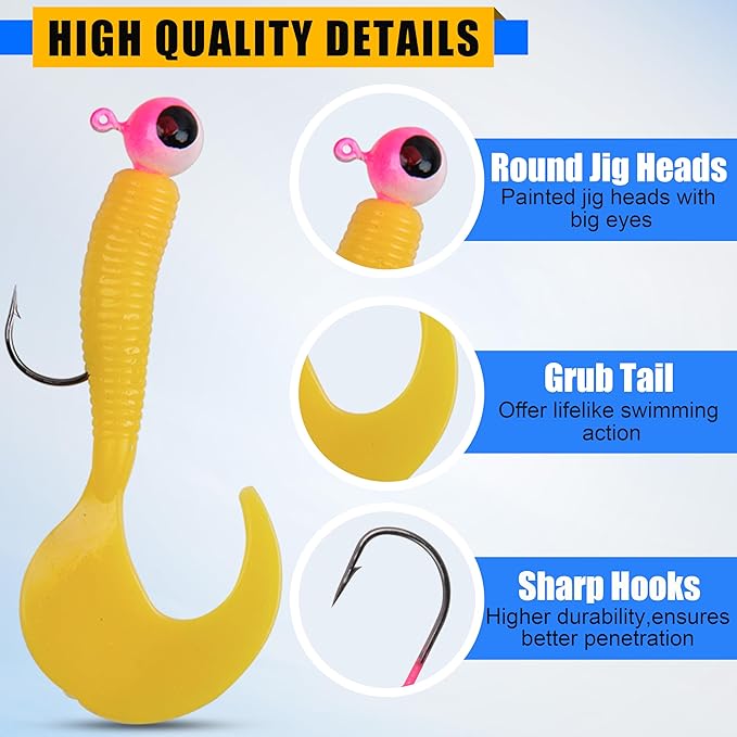 Grub Lures Fishing Jigs Head Hooks Kit- Crappie Jigs Soft Plastic Grub Tail Worm Lure Bait Buster Tubes Baits for Bass Trout Saltwater Freshwater Fishing