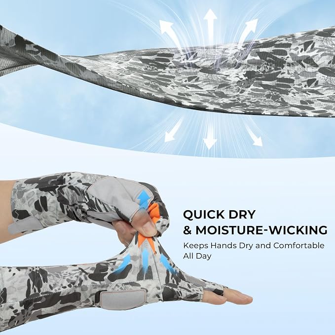 KastKing Agies Fishing Gloves Men, UPF 50+ Sun Gloves UV Protection, Cooling Quick-Dry 3/4 Fingerless Gloves with Extended Cuff, Microfiber Palm & Pull Tabs, for Fishing, Kayaking, Hiking, Hunting