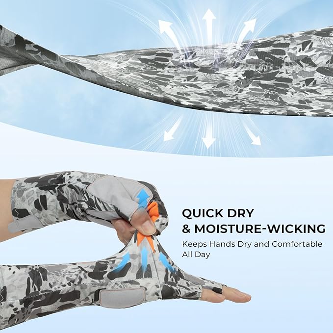 KastKing Agies Fishing Gloves Men, UPF 50+ Sun Gloves UV Protection, Cooling Quick-Dry 3/4 Fingerless Gloves with Extended Cuff, Microfiber Palm & Pull Tabs, for Fishing, Kayaking, Hiking, Hunting