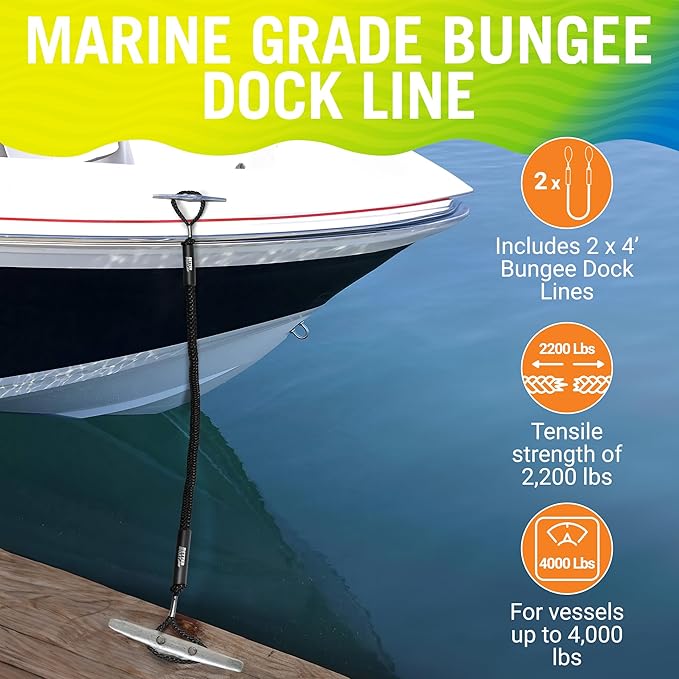 2-Pack Black Bungee Dock Lines, Marine Grade Boat Rope, Jet Ski or PWC Mooring Ties, Boating Accessories for Boats