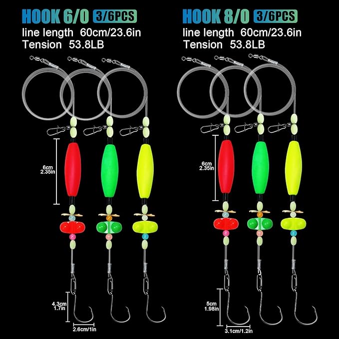 Catfish Rigs with 2oz Pyramid Sinker，High Carbon Circle Hooks 6/0 8/0，3/6pcs Catfish Float Rigswith Adjustable Bottom-lowering Device,Take Down Rigs for Catfish,Complete & Ready-to-Use Kit