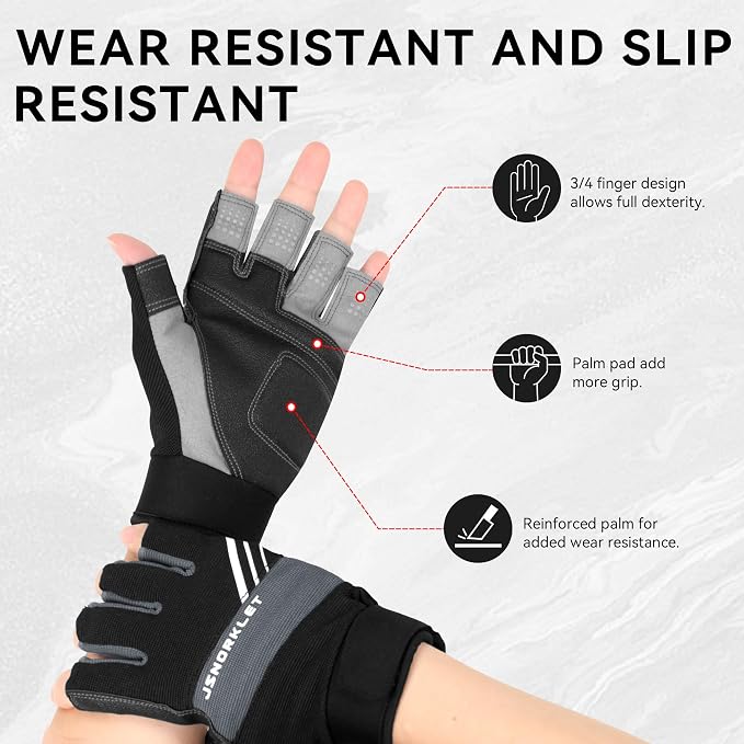 Kayaking Gloves 3/4 Finger Padded Palm Fingerless Gloves for Men Women Youth, with Resistant Palm and Grip, Easy to Take on and Off, for Sailing, Paddling, Kayaking, Fishing, Water Sports