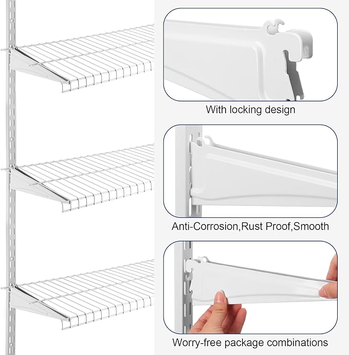 47.5 Inch Twin Rail Upright Wall Shelving System with 12 Inch Locking Shelf Bracket Adjustable Closet System Heavy Duty Metal Support for Deep Wire Shelving Closet (16 Pcs)