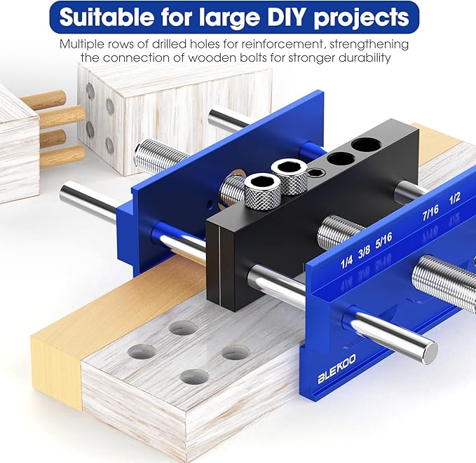 BLEKOO Upgraded 6.7 inch Self Centering Doweling Jig Kit, Drill Jig For Straight Holes Biscuit Joiner Set With 6 Drill Guide Bushings, Adjustable Width Drilling Guide Power Tool Accessory Jigs (Blue)