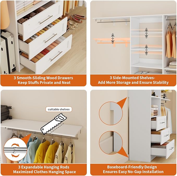 Closet System with 3 Drawers, 4-8FT Custom Closet Organizer System Modular with Adjustable Shelves for Walk in Closets with 3 Expandable Rods, Wood Built In Closet Storage System Heavy-Duty, White