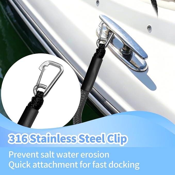 Bungee Dock Line with Stainless Steel Clip – Boat Dock Rope with Foam Float for Kayak, Canoe, Pontoon, Watercraft, SeaDoo, Docking – 4–5.5 ft, 2 Pack（Black）